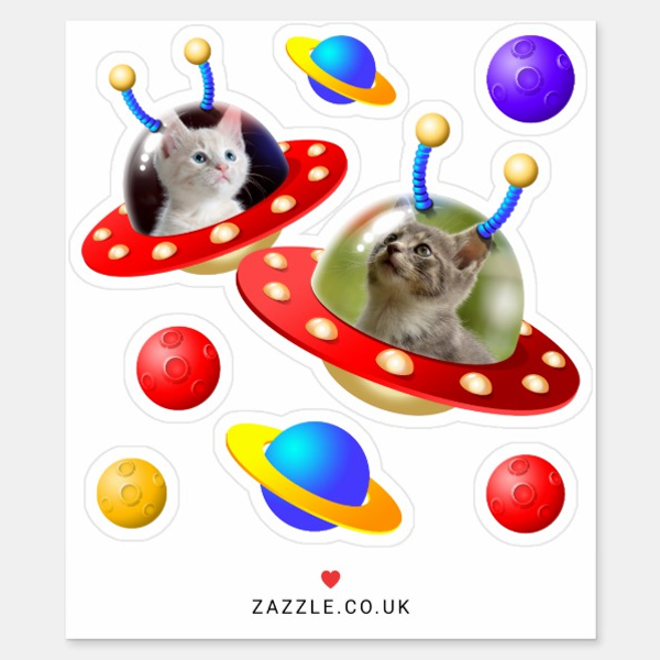 2 Kittens Cats in UFOs Flying Saucers Cute Alien Stickers - Image 2