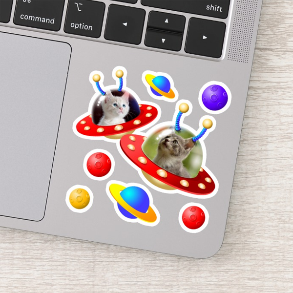 2 Kittens Cats in UFOs Flying Saucers Cute Alien Stickers