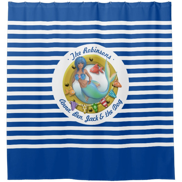 Blue Beach Nautical Striped Mermaid Porthole Shower Curtain - Image 2