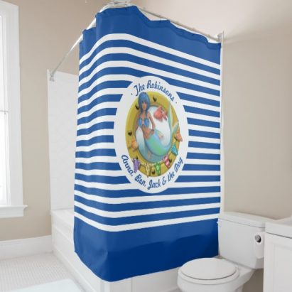 Blue Beach Nautical Striped Mermaid Porthole Shower Curtain