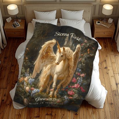 Winged Horse Renaissance Gilded Unicorn Fleece Blanket