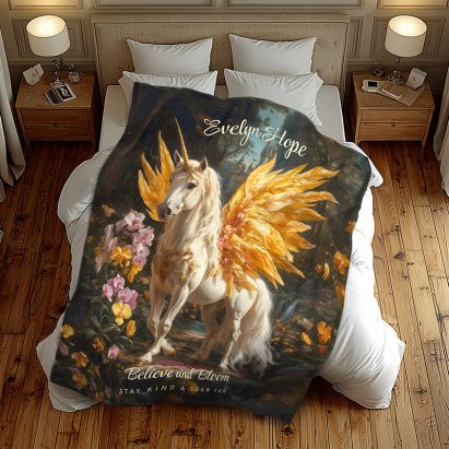 Classical Painting White Pegasus With Golden Wings Fleece Blanket