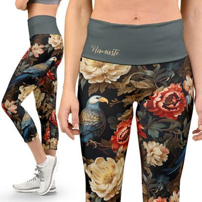 Personalised Victorian Parrot Vintage Floral Yoga Capri Leggings