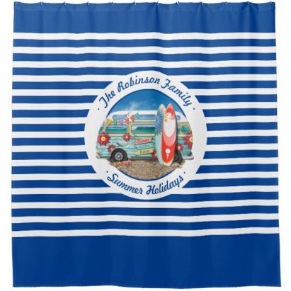 Alternative view of Nautical Striped Summer Surfer Camper Van Holiday Shower Curtain