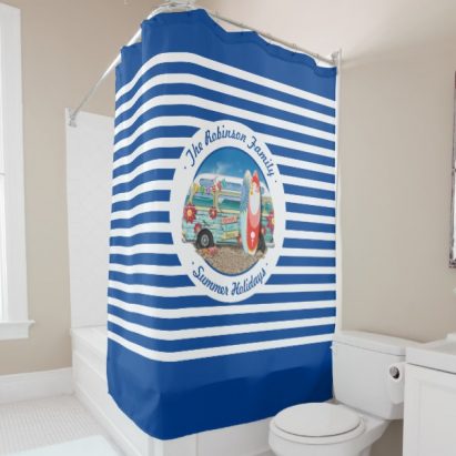 Nautical Striped Summer Surfer Camper Van Holiday Shower Curtain