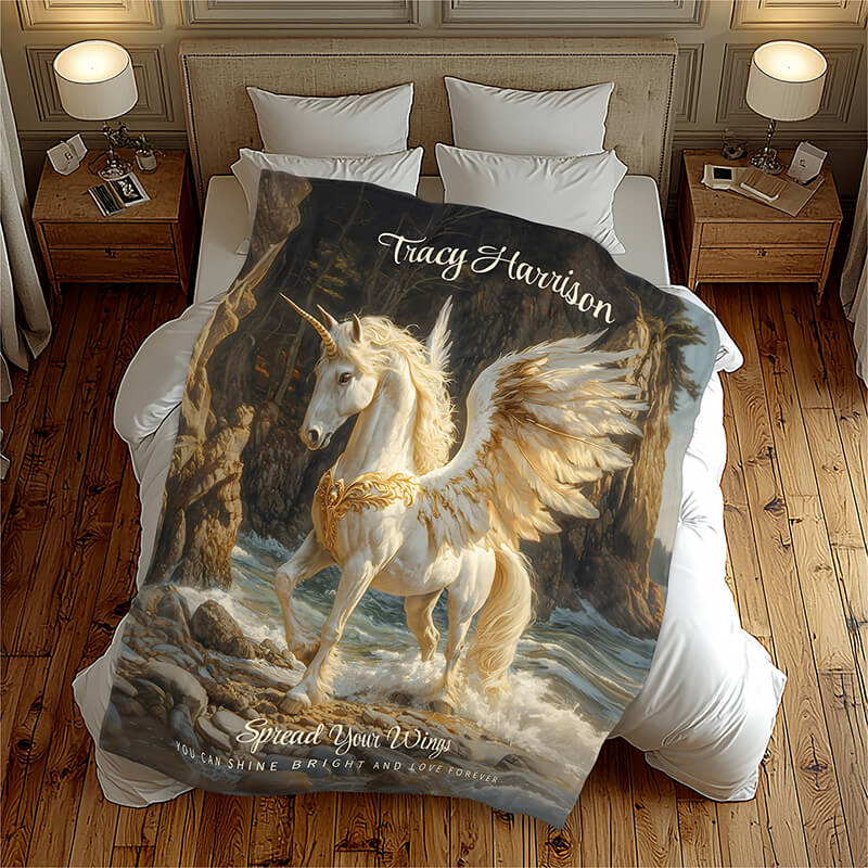 White Winged Unicorn Mythical Ocean Fantasy Horse Fleece Blanket