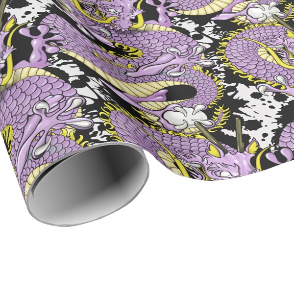 Dragon Tattoo Art in Purple Lilac and Yellow Wrapping Paper