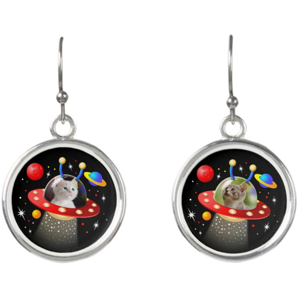 Your Cats in a UFO Sci Fi Scene Earrings