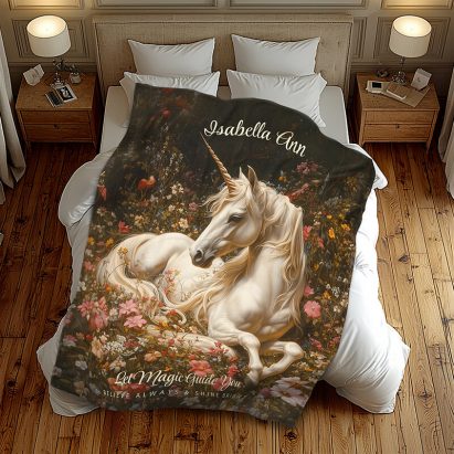 White Fantasy Forest Unicorn Laying in the Flowers Fleece Blanket