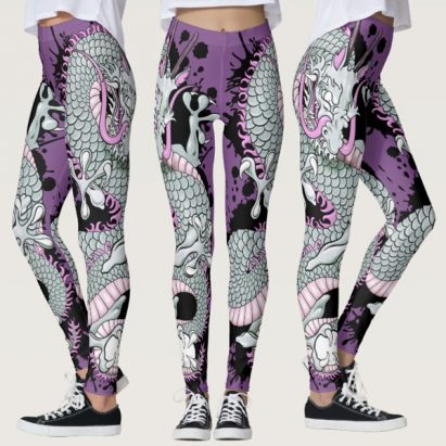 Grey Splash Tattoo Dragon on Purple Leggings