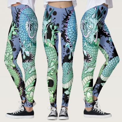 Cornflower blue and Green Splash Dragon Tattoo Leggings