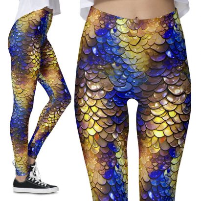 Wet Look Blue Gold Scales Fantasy Dragon Mermaid Leggings