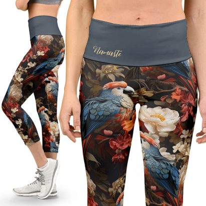 Personalised Vintage Parrot Print Floral Yoga Capri Leggings