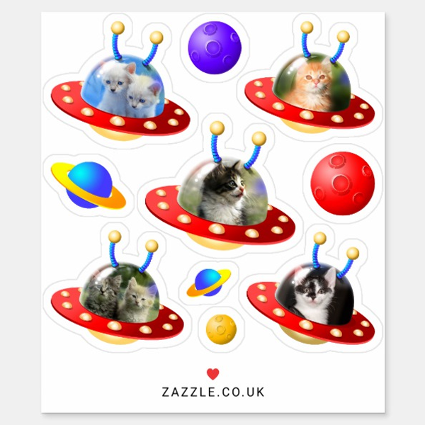 5 Cute Kittens Cats in UFOs Flying Saucers Alien Stickers - Image 2