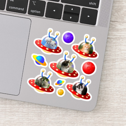 5 Cute Kittens Cats in UFOs Flying Saucers Alien Stickers