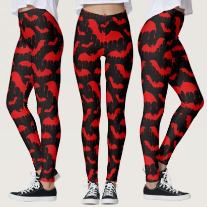 Red Drippy Vampire Bats on Black Nu Goth Gothic Leggings