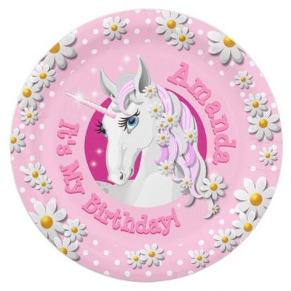 Pretty Pink Girls Personalised Unicorn Party Paper Plate