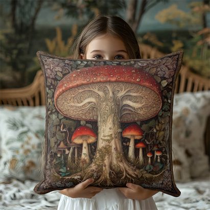Woodland Red Spotted Mushroom Cottagecore Rustic Throw Pillow