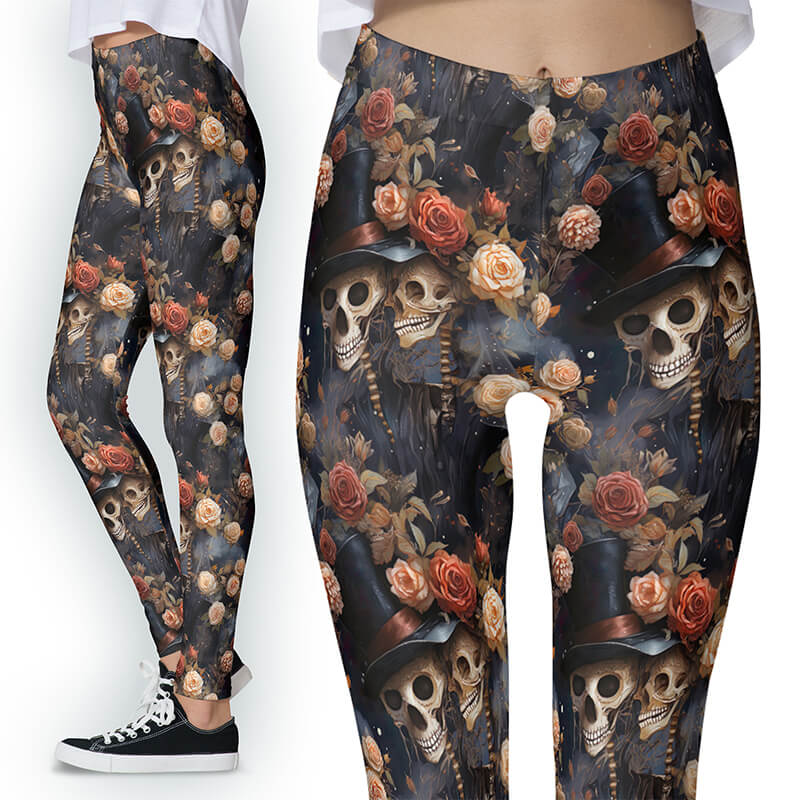 Vintage Gothic Lovers Floral Romantic Kissing Skulls Skeleton Leggings