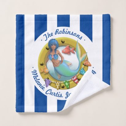 Alternative view of Blue Striped Mermaid Porthole Summer Beach Hut Towel Set