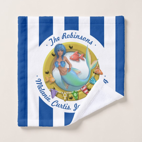 Blue Striped Mermaid Porthole Summer Beach Hut Towel Set - Image 2