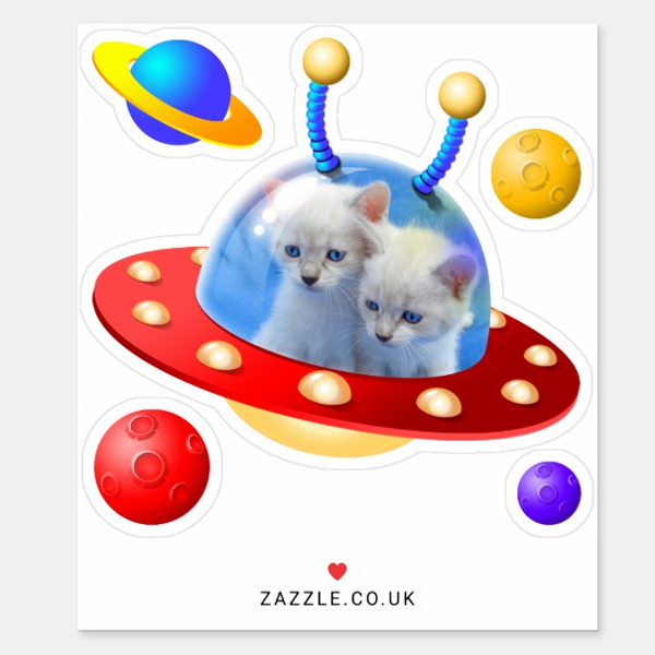 Cute Blue Twin Kittens Cats in UFOs Flying Saucers Stickers - Image 2