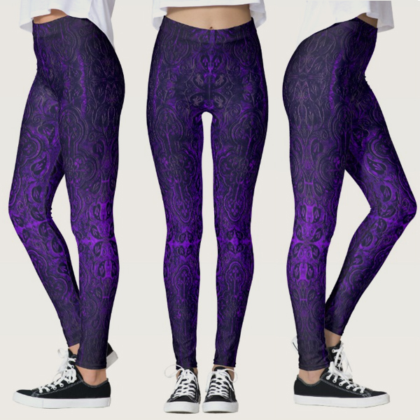 Dark Purple Romantic Weathered Gothic Crosses Leggings