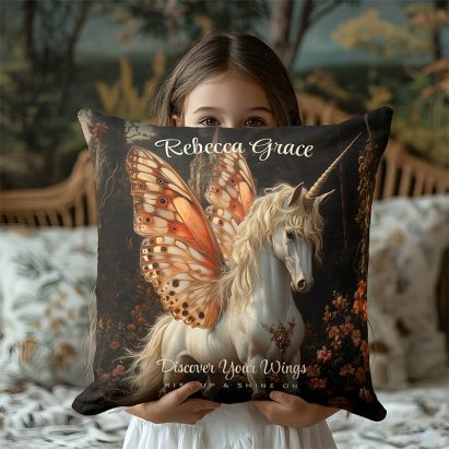 White Unicorn With Orange Butterfly Wings Fairy Throw Pillow