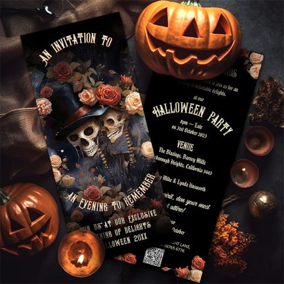 Kissing Skeletons Gothic QR Code Halloween Invitation