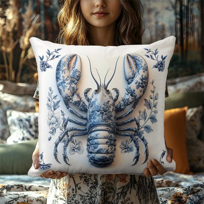 Delft Blue Floral Crab Coastal Rustic Beach House Throw Pillow