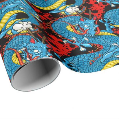 Dragon Tattoo Art in Red and Blue Wrapping Paper