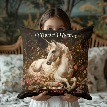 White Floral Unicorn Fantasy Woodland Throw Pillow