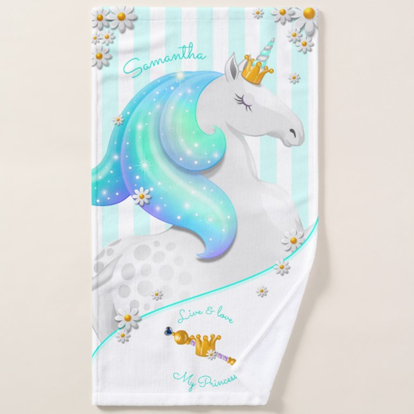 Teal and Turquoise Striped Unicorn Princess Bath Towel Set - Image 3