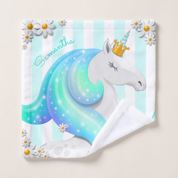 Teal and Turquoise Striped Unicorn Princess Bath Towel Set - Image 4