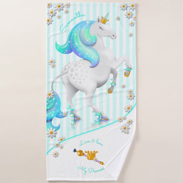 Teal and Turquoise Striped Unicorn Princess Bath Towel Set - Image 2