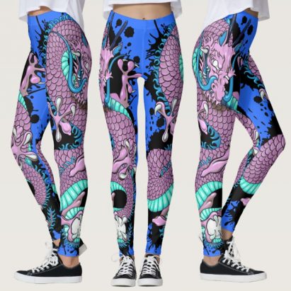 Purple Splash Dragon Tattoo Art on Electric Blue Leggings