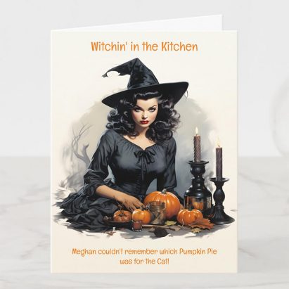 Personalised 1950s Witch Pumpkin Pie Kitchen Cook Halloween Card