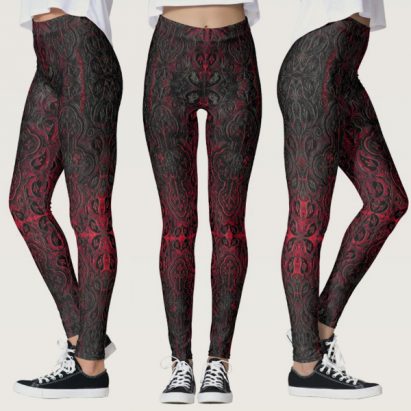 Ruby Red Romantic Weathered Gothic Crosses Pattern Leggings