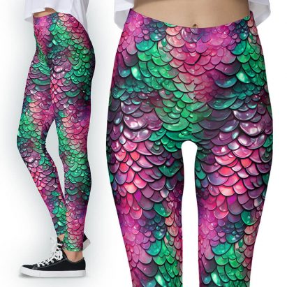 Pink and Green Wet Dragon Scales Mermaid Fantasy Leggings
