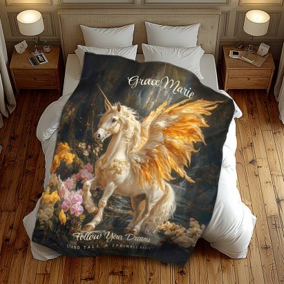 Fairytale Golden Unicorn Fantasy Fleece Blanket