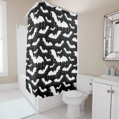 White Drippy Vampire Bats on Black Gothic Shower Curtain
