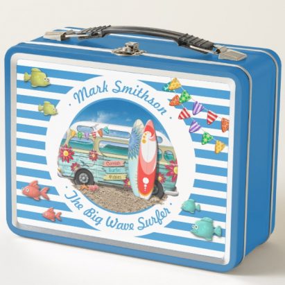 Big Wave Surfer Camper Van Striped Nautical Metal Lunch Box