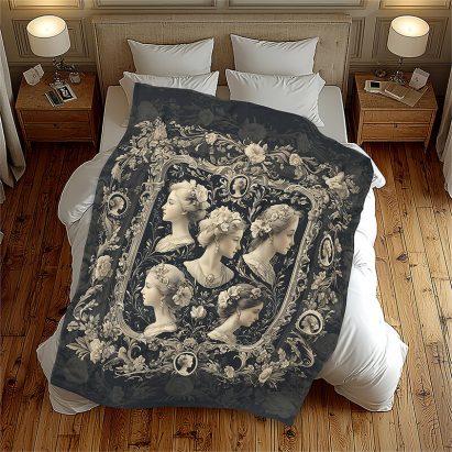 Gray Victorian Cameo Pattern Shabby Chic Fleece Blanket