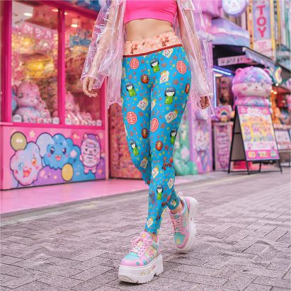 Japanese Kokeshi Doll Blue Kawaii Lucky Cat Leggings