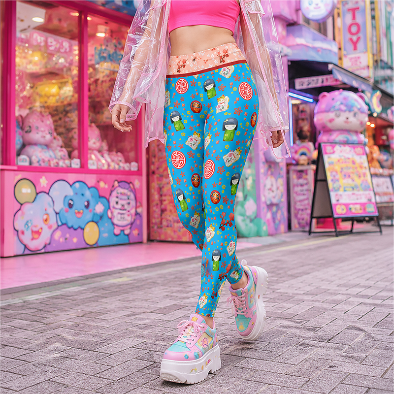 Japanese Kokeshi Doll Blue Kawaii Lucky Cat Leggings