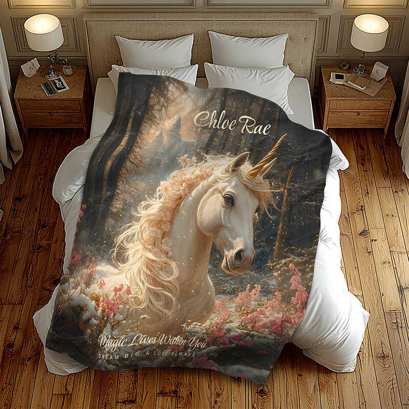 Pink Unicorn Winter Castle Fairytale Woodland Fleece Blanket