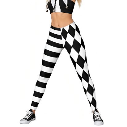 Black and White Harlequin Striped and Jester Leggings