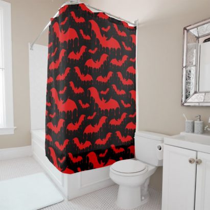 Red Drippy Vampire Bats on Black Gothic Shower Curtain