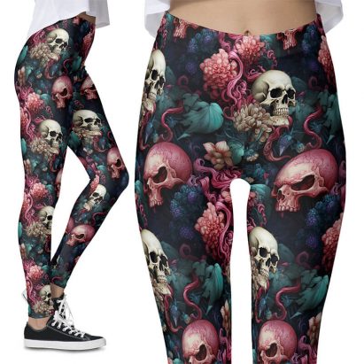 Colorful Pink Alien Skulls Floral Gothic Octopus Leggings