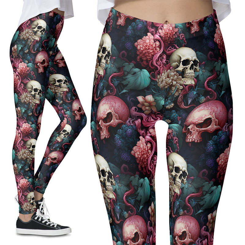 Colorful Pink Alien Skulls Floral Gothic Octopus Leggings